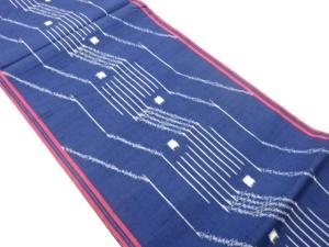 手織り紬縞に四角模様織出し全通袋帯